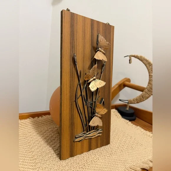 🦋2 For $50🦋 Mid-Century Vintage Wooden Wall Art with Copper Butterflies - Picture 2 of 3